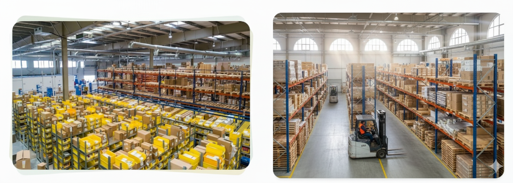 Dos vistas de un almacén logístico con estanterías